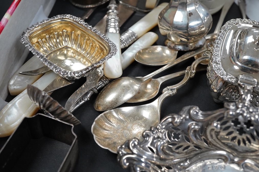 A collection of mixed silver to include a mustard pot, pierced dish etc.